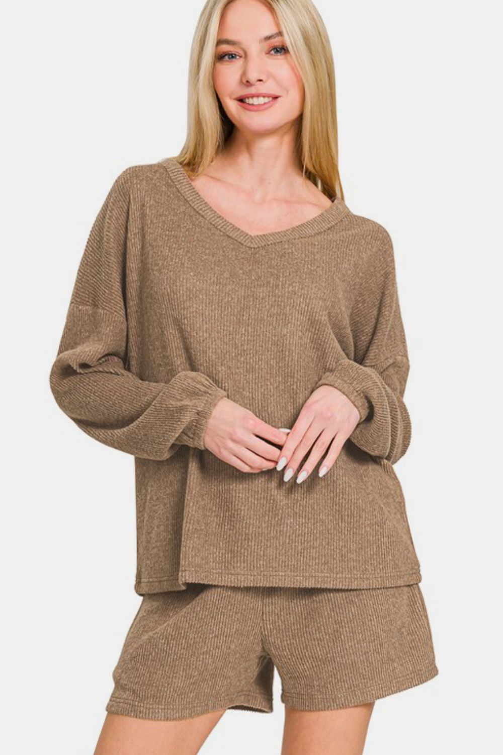 Zenana - Ribbed Long Sleeve Top and Shorts Set - Camel - Inspired Eye Boutique