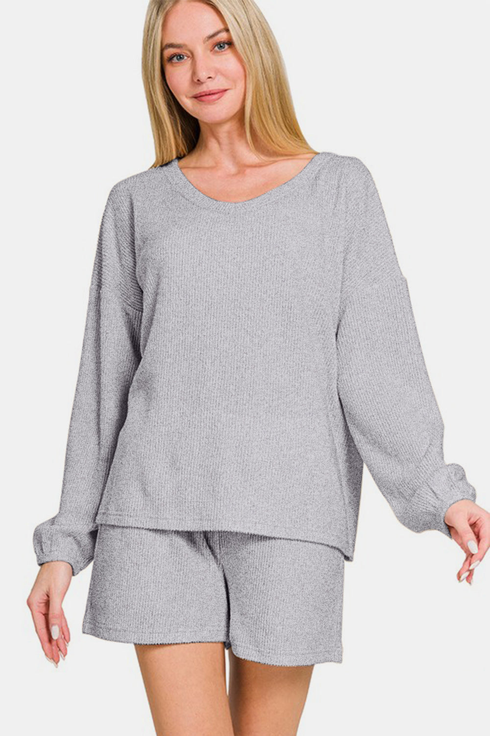 Zenana - Ribbed Long Sleeve Top and Shorts Set - Gray - Inspired Eye Boutique