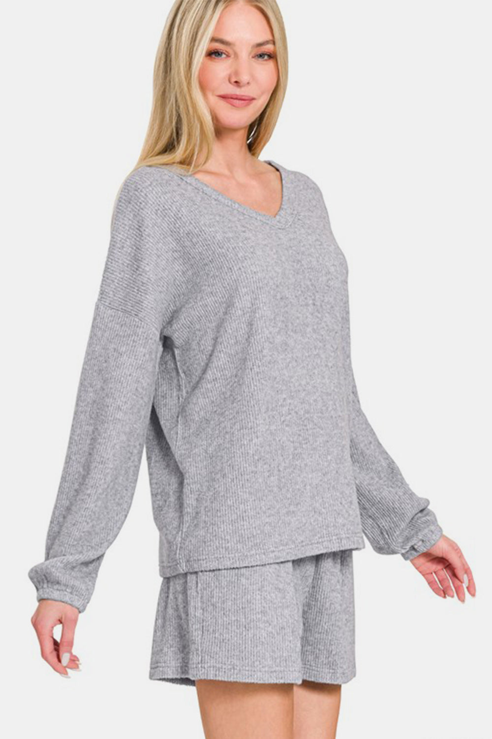 Zenana - Ribbed Long Sleeve Top and Shorts Set - Gray - Inspired Eye Boutique