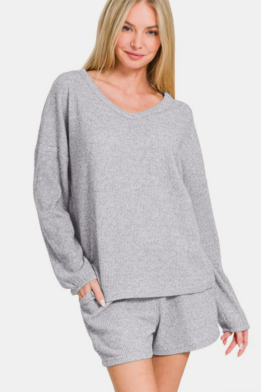 Zenana - Ribbed Long Sleeve Top and Shorts Set - Gray - Inspired Eye Boutique