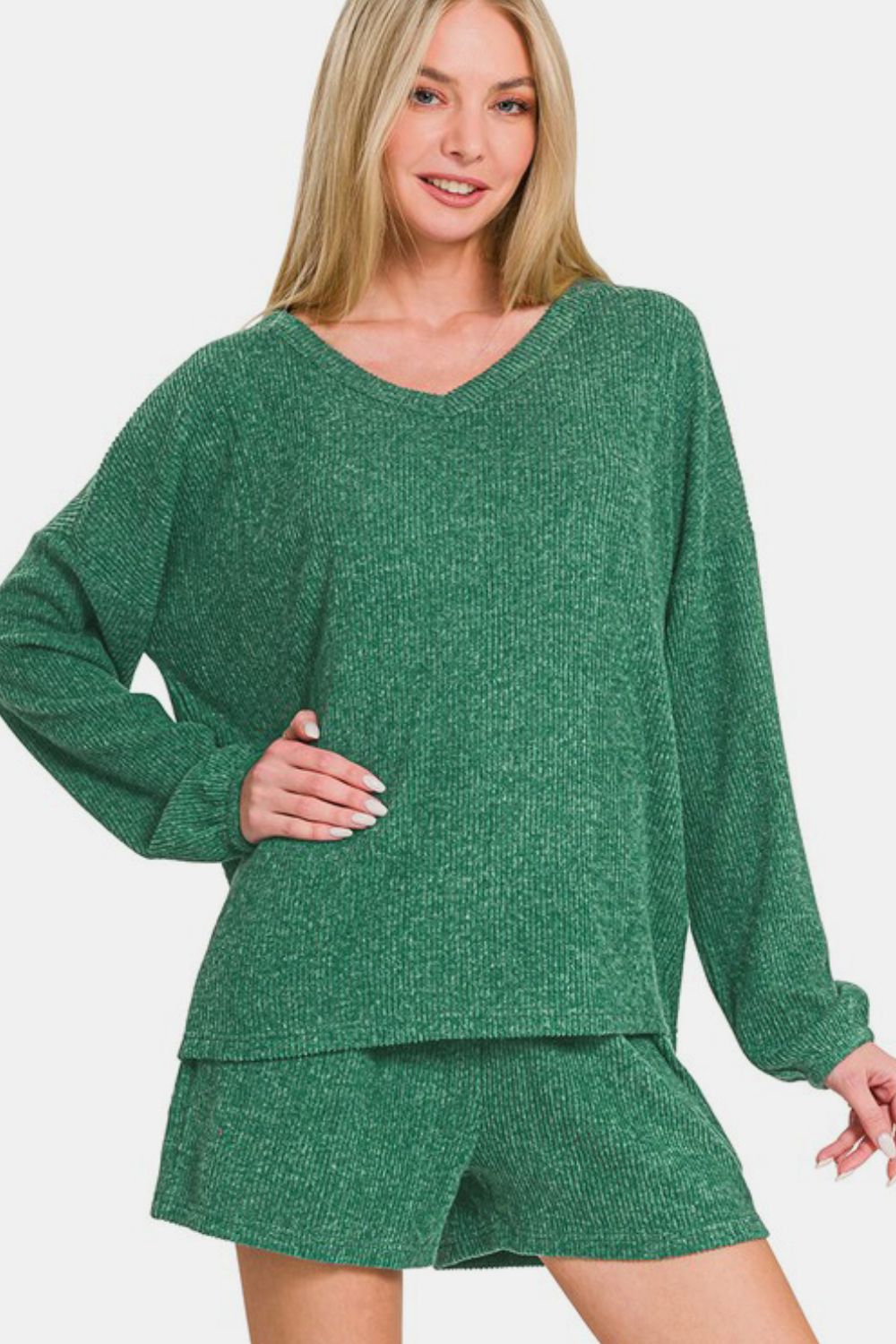 Zenana - Ribbed Long Sleeve Top and Shorts Set - Green - Inspired Eye Boutique