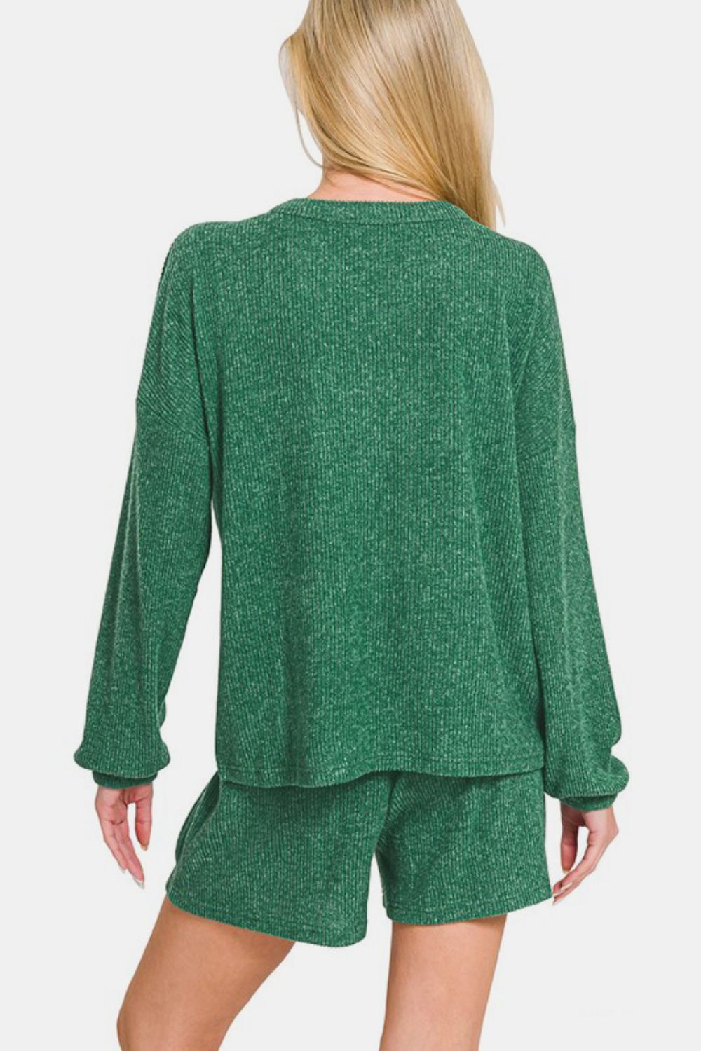 Zenana - Ribbed Long Sleeve Top and Shorts Set - Green - Inspired Eye Boutique