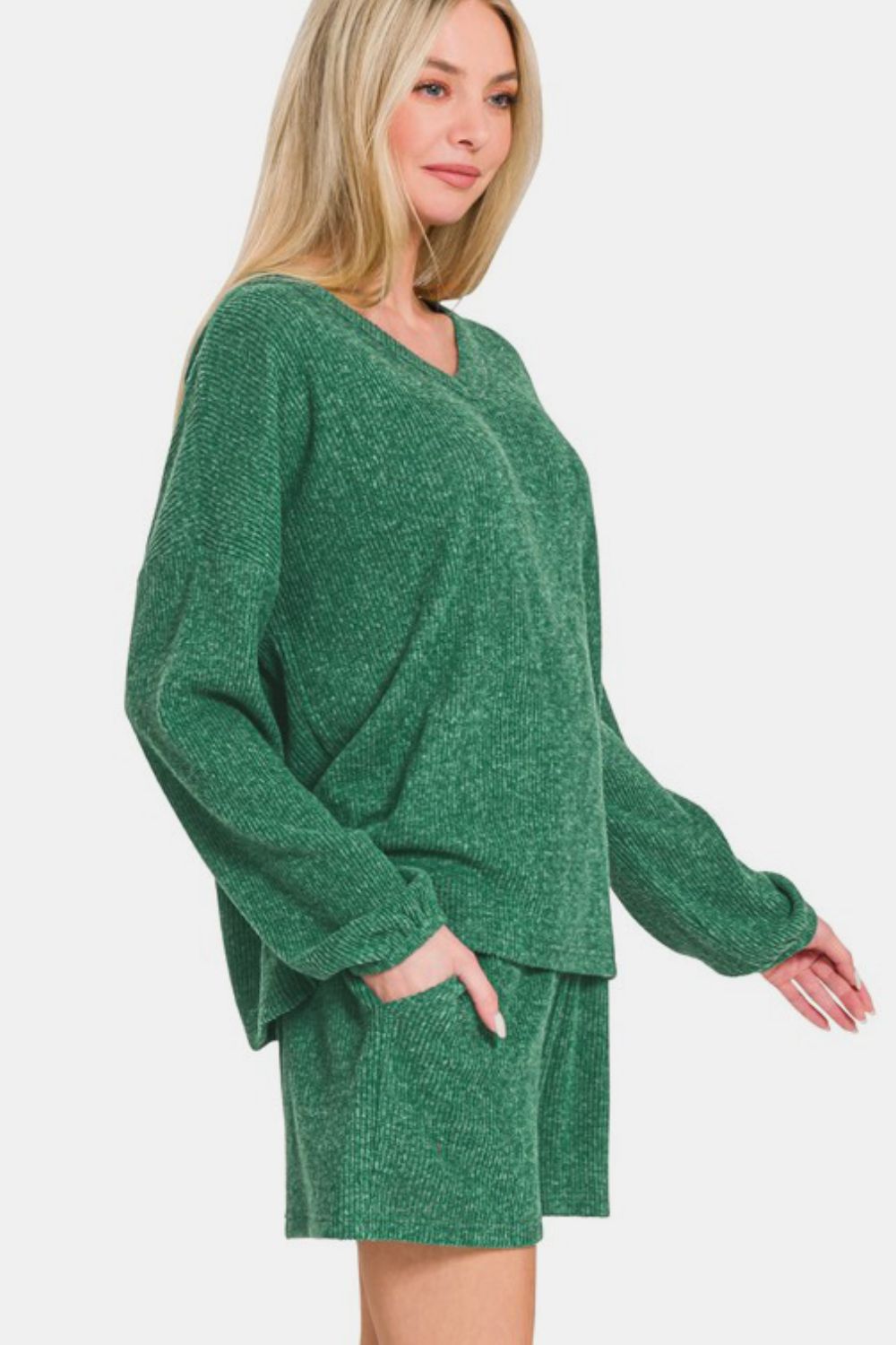 Zenana - Ribbed Long Sleeve Top and Shorts Set - Green - Inspired Eye Boutique