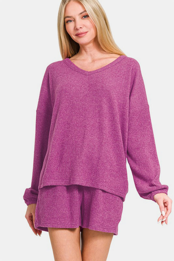 Zenana - Ribbed Long Sleeve Top and Shorts Set - Magenta - Inspired Eye Boutique