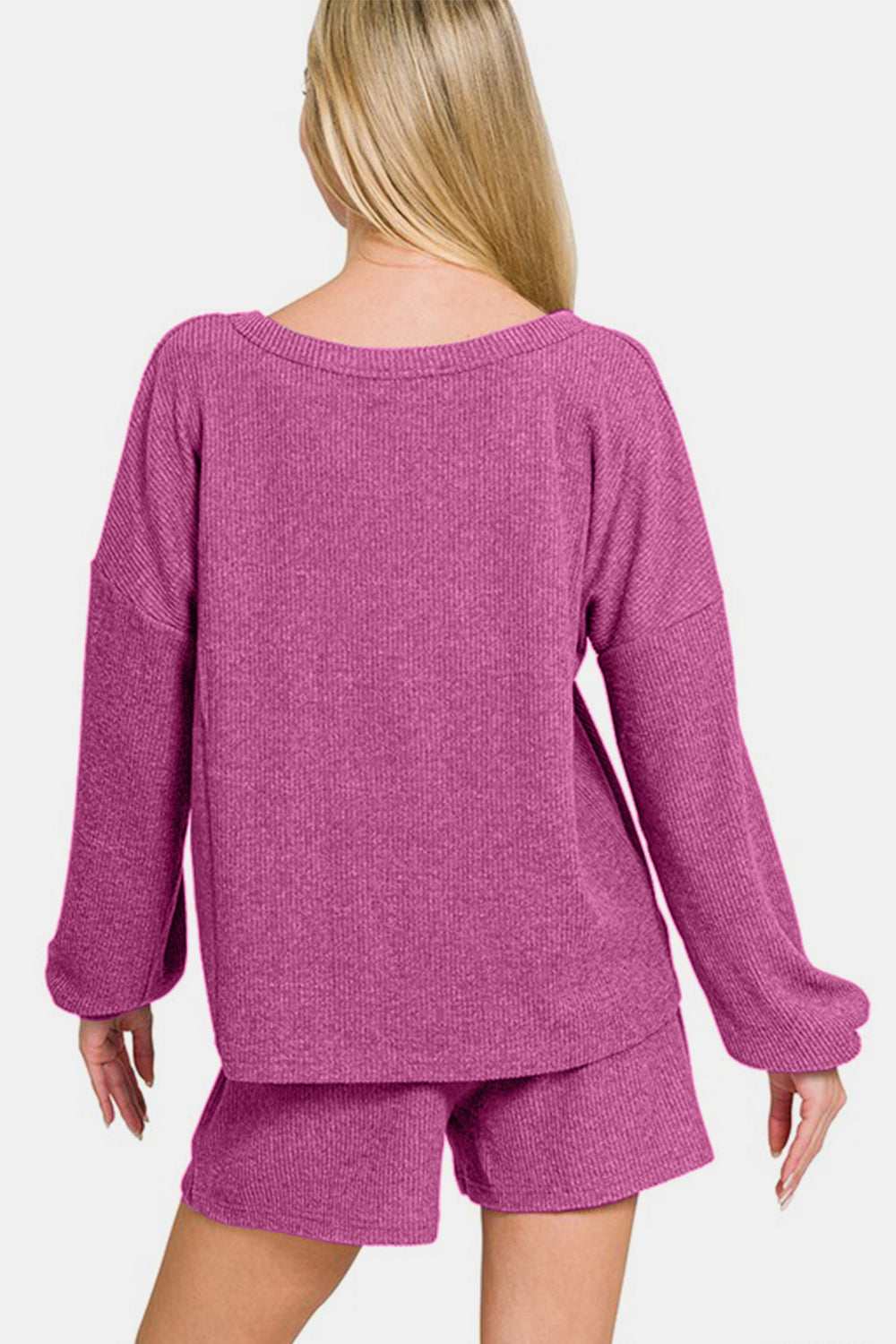 Zenana - Ribbed Long Sleeve Top and Shorts Set - Magenta - Inspired Eye Boutique