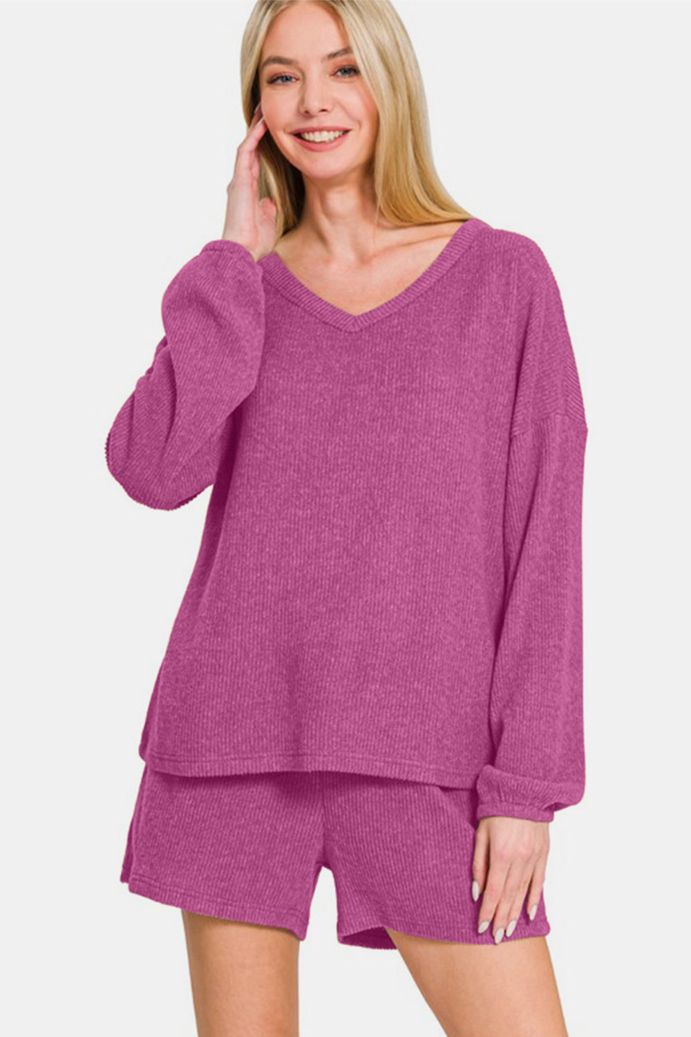 Zenana - Ribbed Long Sleeve Top and Shorts Set - Magenta - Inspired Eye Boutique