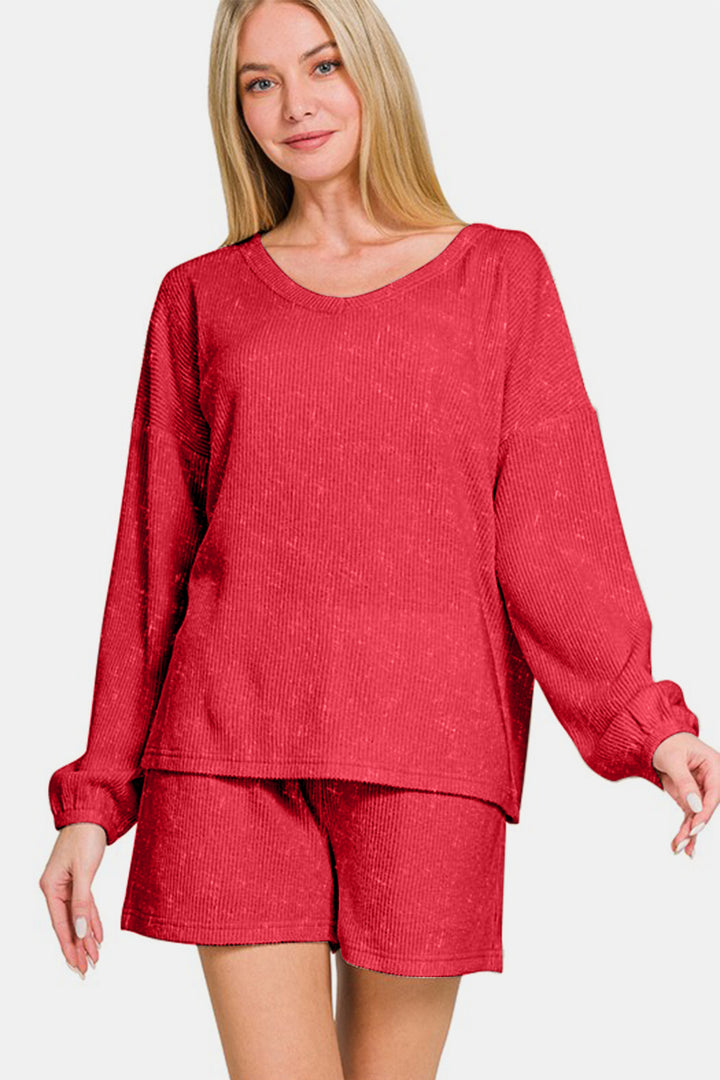 Zenana - Ribbed Long Sleeve Top and Shorts Set - Red - Inspired Eye Boutique