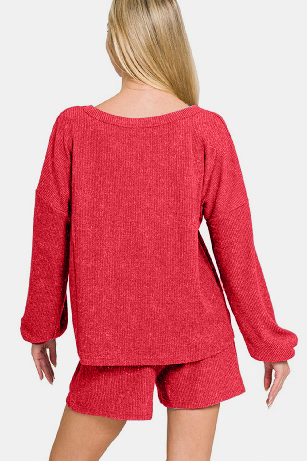 Zenana - Ribbed Long Sleeve Top and Shorts Set - Red - Inspired Eye Boutique