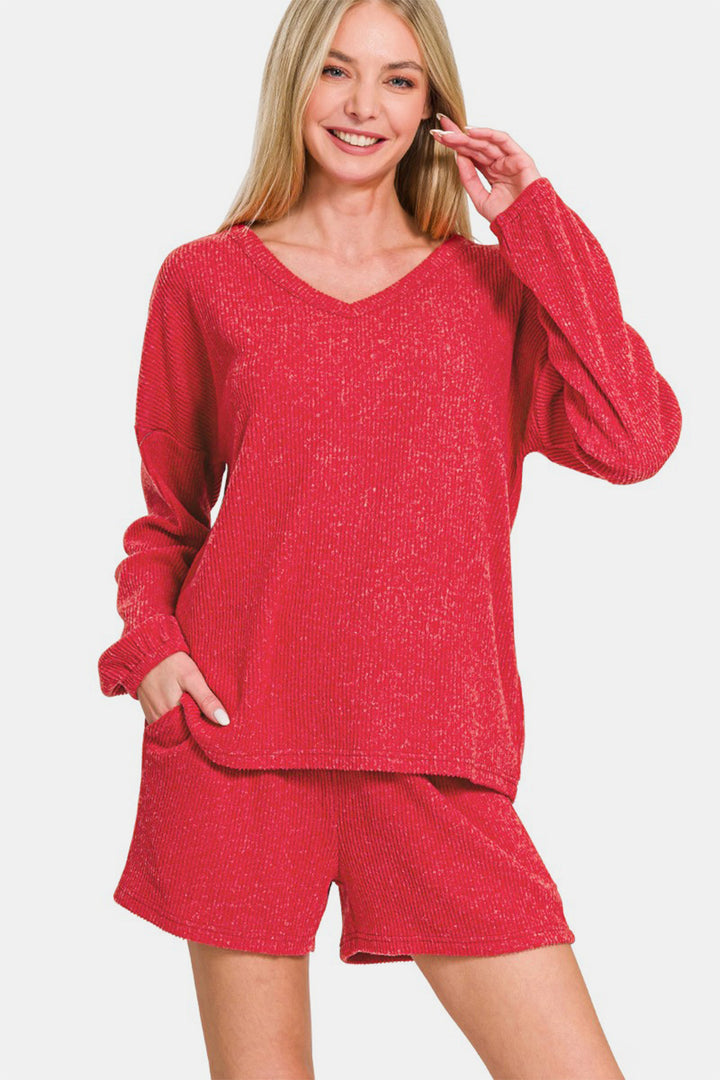 Zenana - Ribbed Long Sleeve Top and Shorts Set - Red - Inspired Eye Boutique