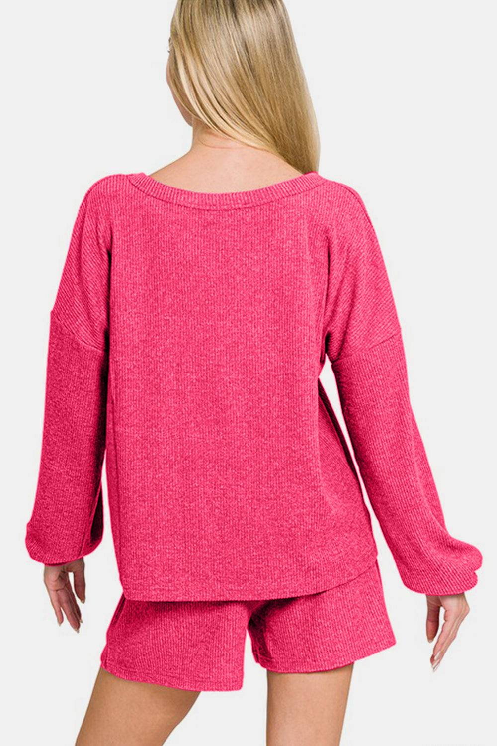 Zenana - Ribbed Long Sleeve Top and Shorts Set - Strawberry - Inspired Eye Boutique