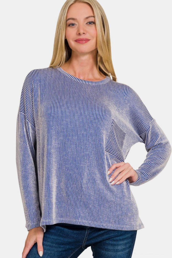 Zenana - Ribbed Oversized Long Sleeve Top - Blue - Inspired Eye Boutique