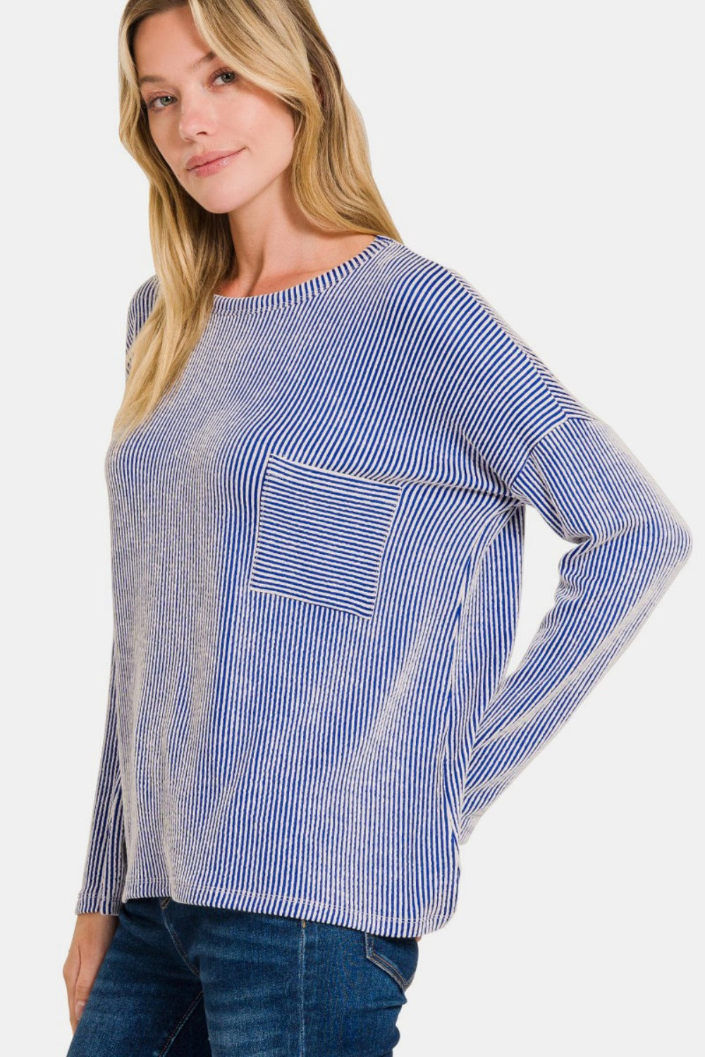 Zenana - Ribbed Oversized Long Sleeve Top - Blue - Inspired Eye Boutique