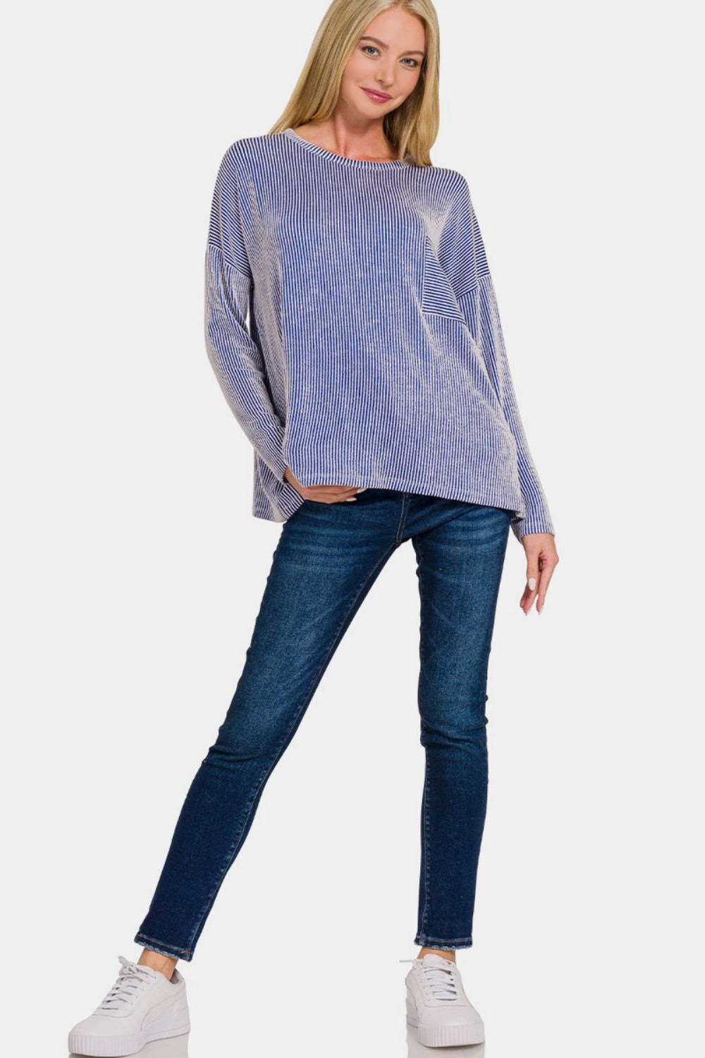 Zenana - Ribbed Oversized Long Sleeve Top - Blue - Inspired Eye Boutique