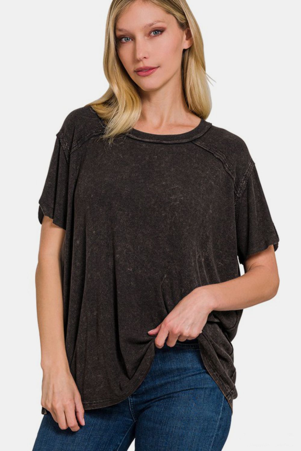 Zenana - Ribbed Short Sleeve Tee - Black - Inspired Eye Boutique