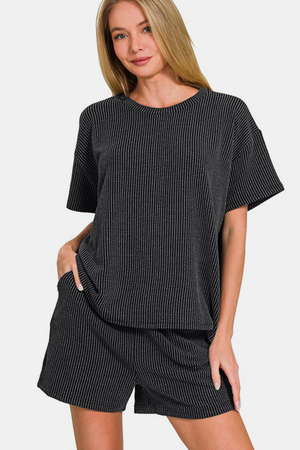 Zenana - Ribbed Short Sleeve Top and Shorts Set - Black - Inspired Eye Boutique