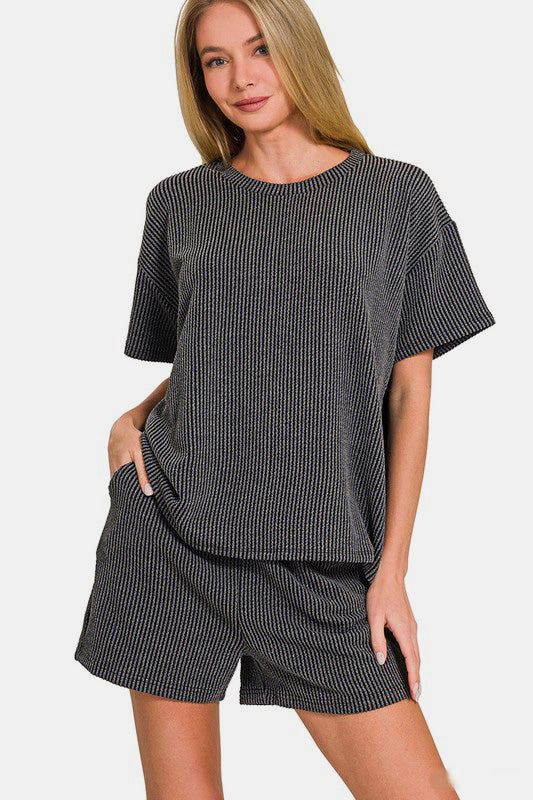 Zenana - Ribbed Short Sleeve Top and Shorts Set - Gray - Inspired Eye Boutique