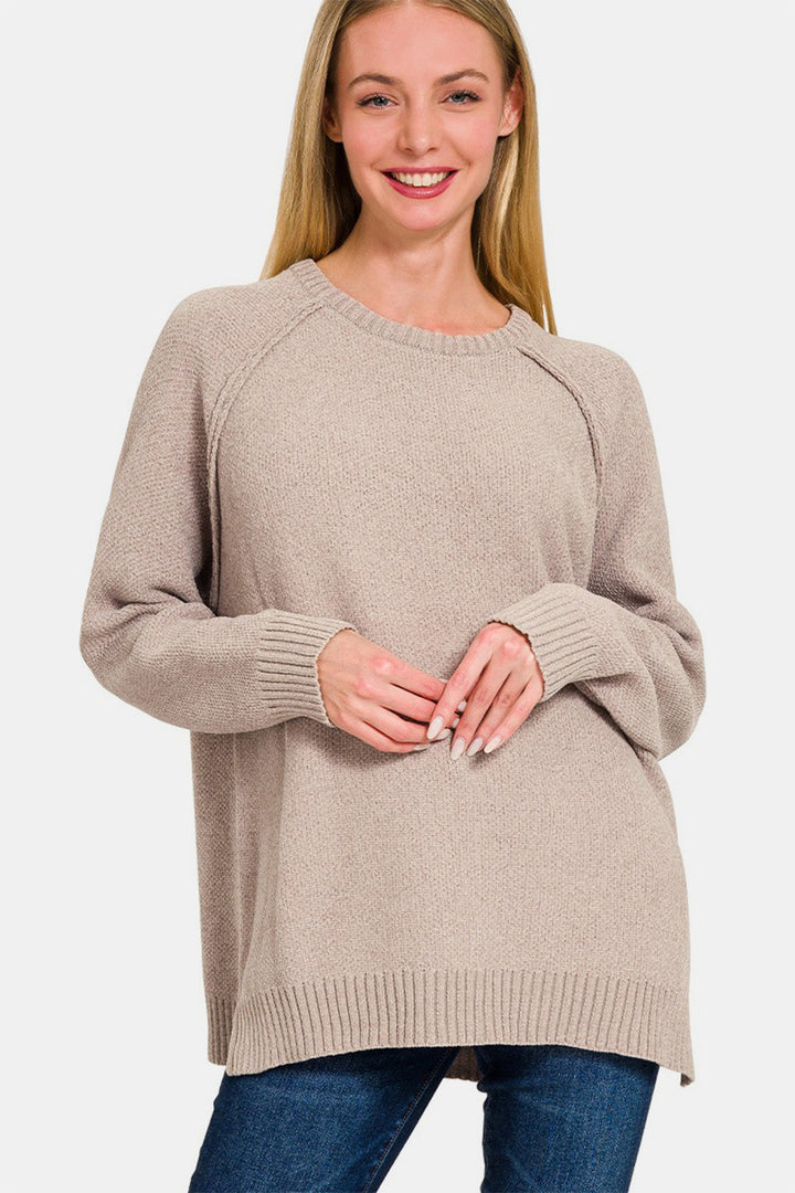 Zenana - Round Neck Chenille Sweater - Light Mocha - Inspired Eye Boutique