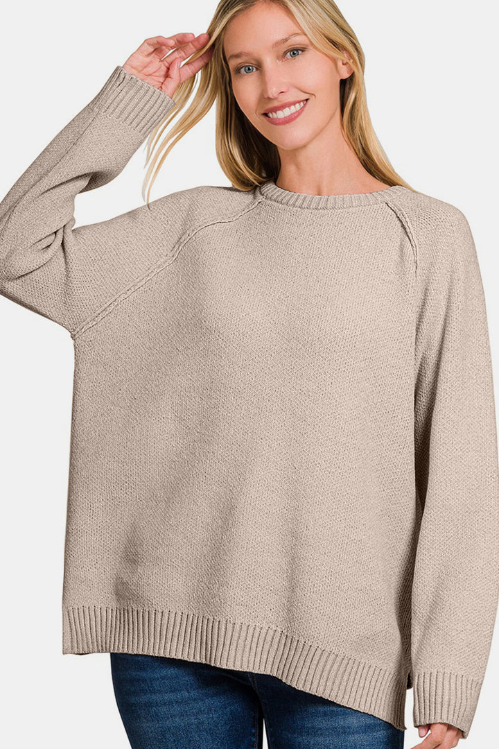 Zenana - Round Neck Chenille Sweater - Light Mocha - Inspired Eye Boutique