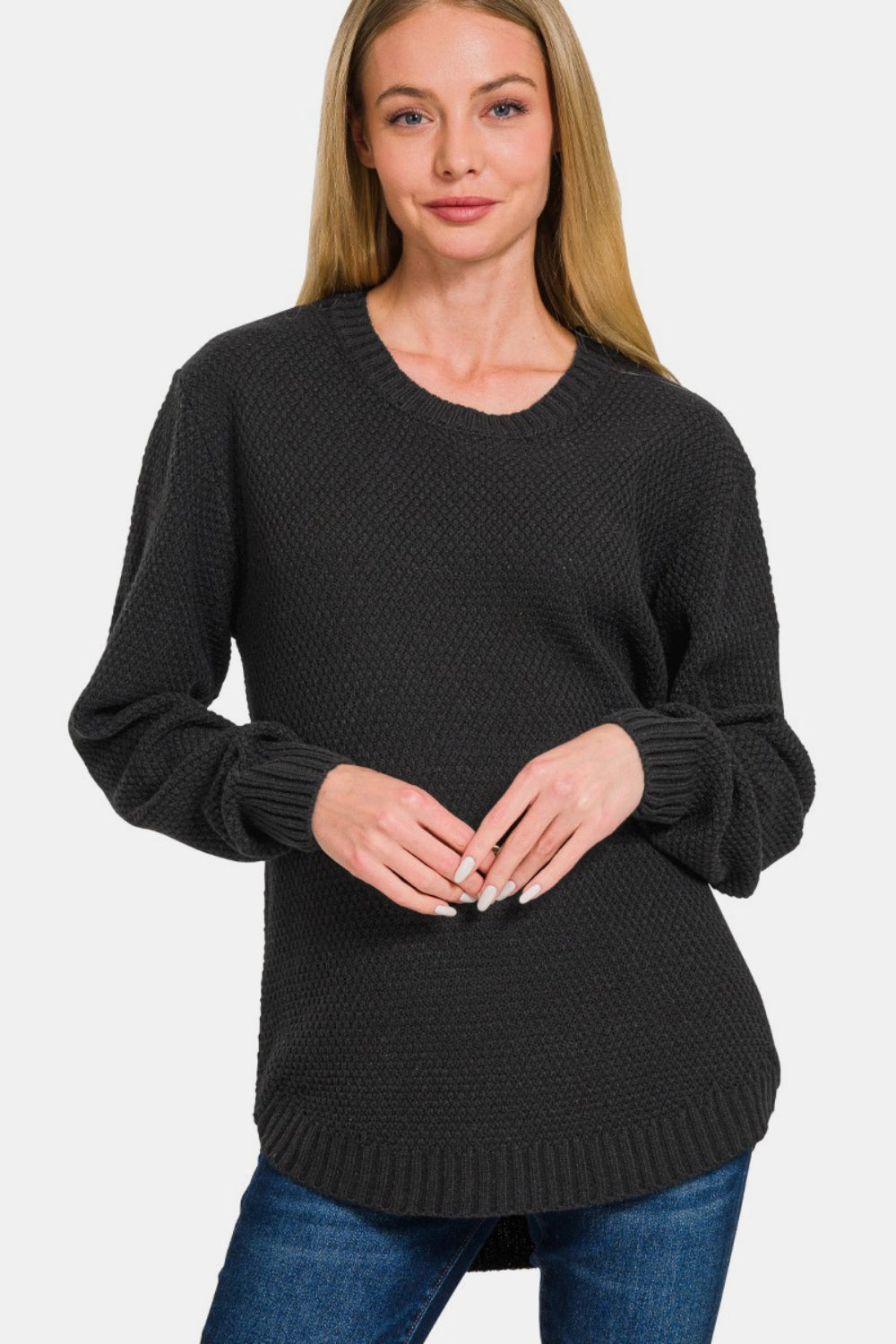 Zenana - Round Neck Curved Hem Sweater - Black - Inspired Eye Boutique