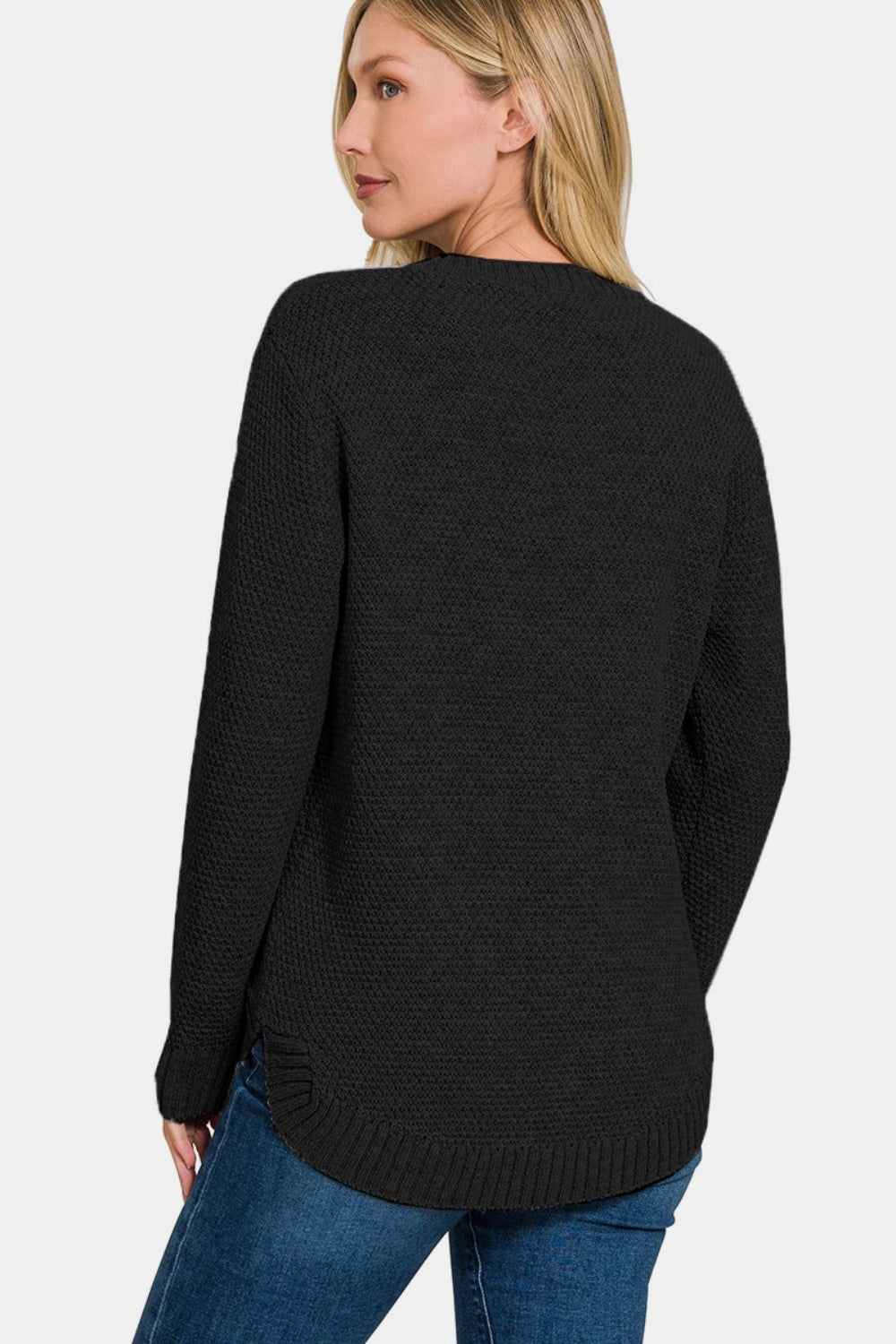 Zenana - Round Neck Curved Hem Sweater - Black - Inspired Eye Boutique