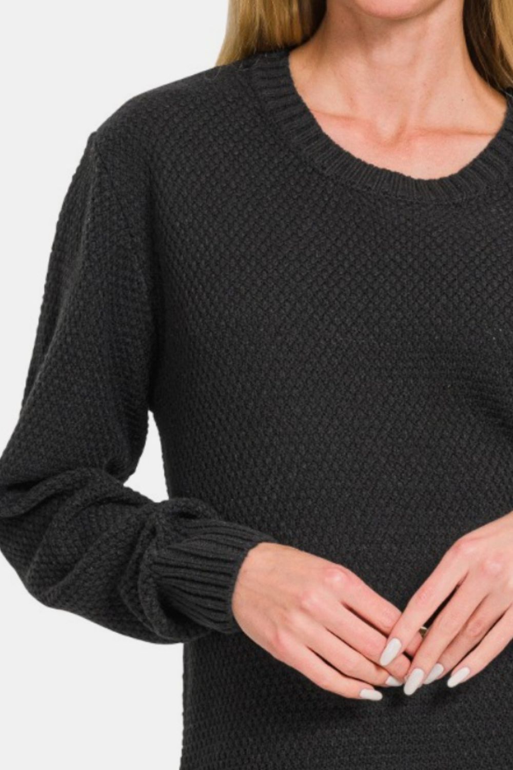 Zenana - Round Neck Curved Hem Sweater - Black - Inspired Eye Boutique