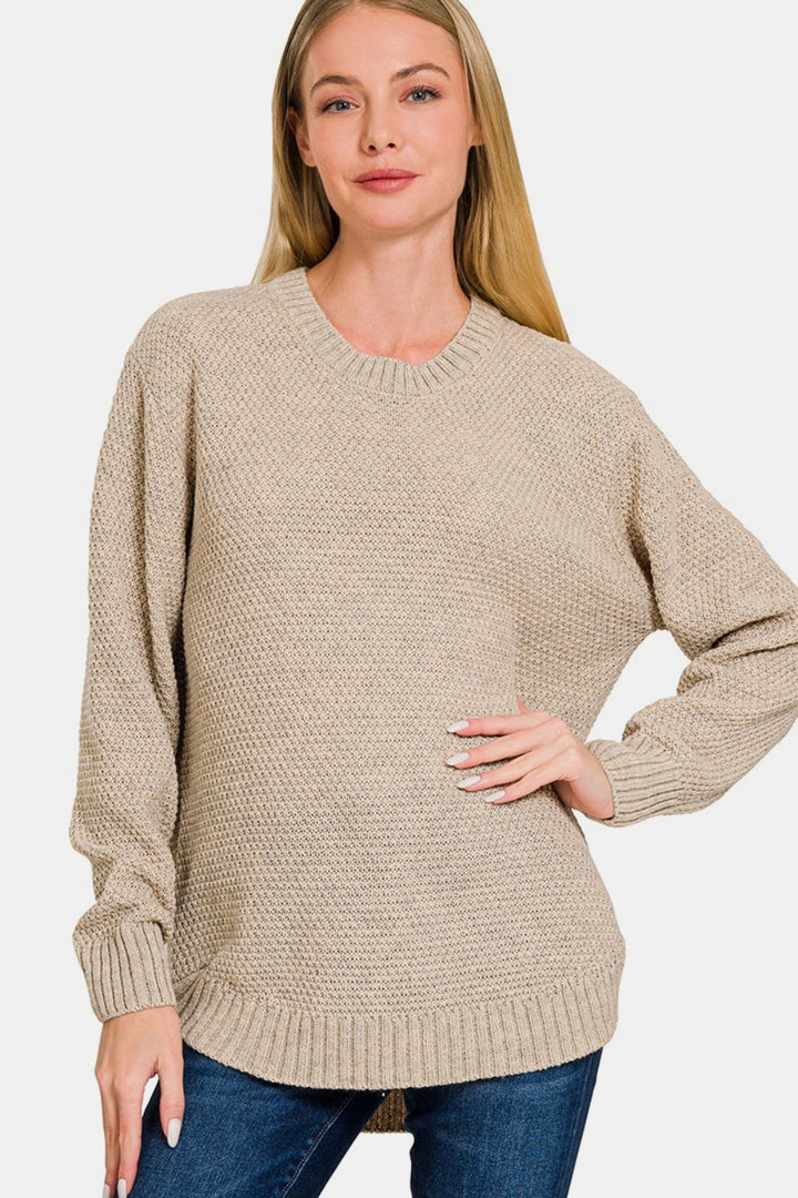 Zenana - Round Neck Curved Hem Sweater - H Beige - Inspired Eye Boutique