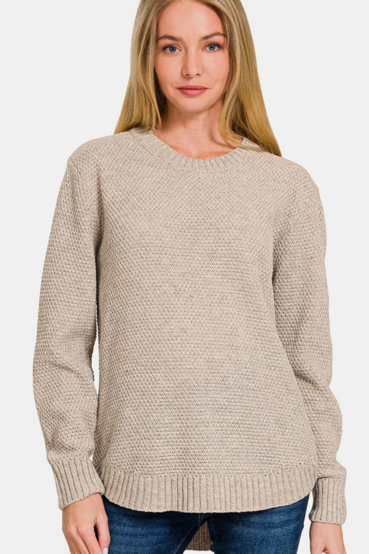 Zenana - Round Neck Curved Hem Sweater - H Beige - Inspired Eye Boutique