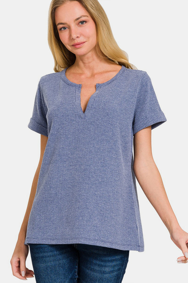 Zenana - Short Sleeve Baby Waffle Top - Denim - Inspired Eye Boutique