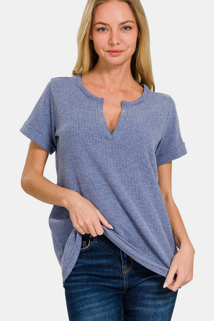 Zenana - Short Sleeve Baby Waffle Top - Denim - Inspired Eye Boutique