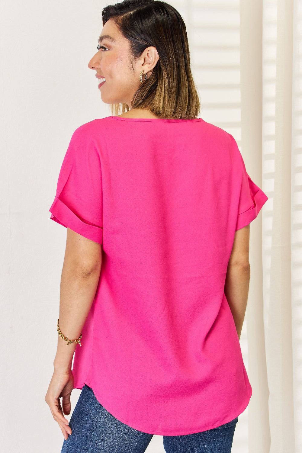 Zenana Short Sleeve Blouse - V-Neckline - Hot Pink - Inspired Eye Boutique