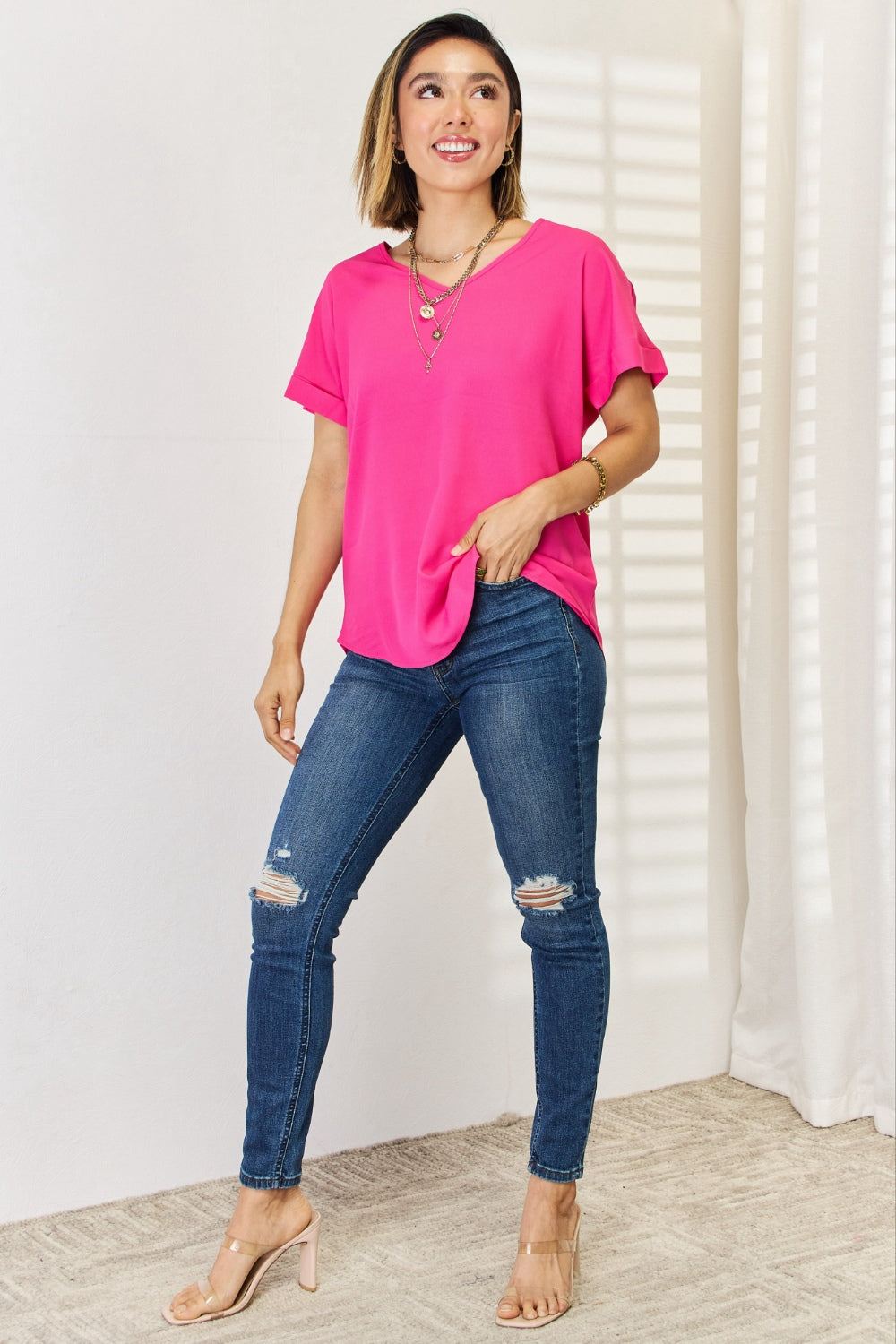 Zenana Short Sleeve Blouse - V-Neckline - Hot Pink - Inspired Eye Boutique