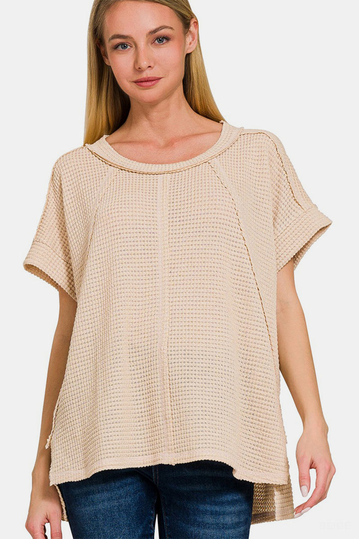 Zenana - Short Sleeve Brushed Waffle Top - Beige - Inspired Eye Boutique