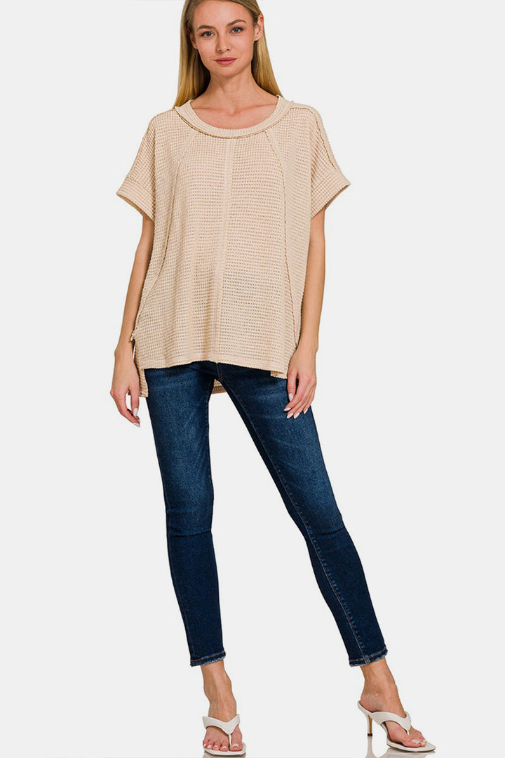 Zenana - Short Sleeve Brushed Waffle Top - Beige - Inspired Eye Boutique