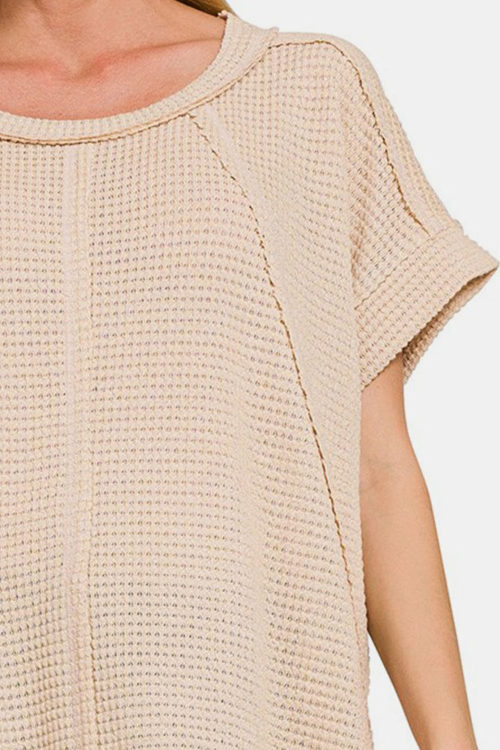 Zenana - Short Sleeve Brushed Waffle Top - Beige - Inspired Eye Boutique