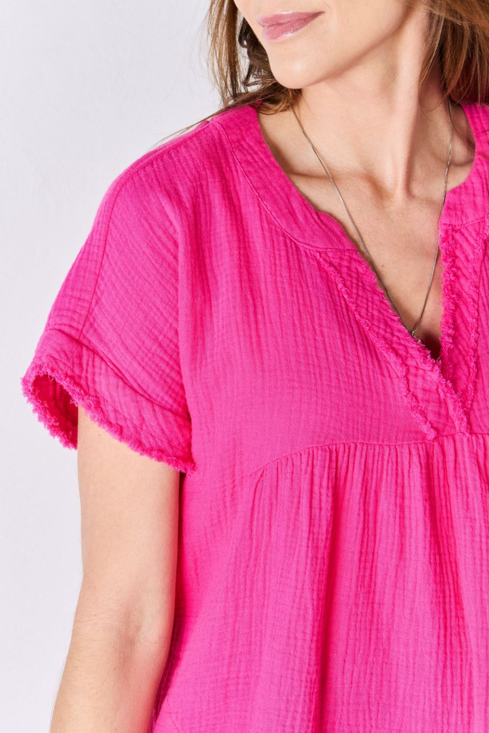 Zenana Short Sleeve Double Gauze Top - Hot Pink - Inspired Eye Boutique