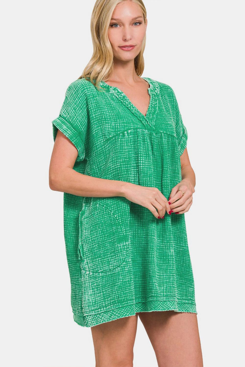 Zenana - Short Sleeve Mini Dress - Gauze Fabric - Kelly Green - Inspired Eye Boutique