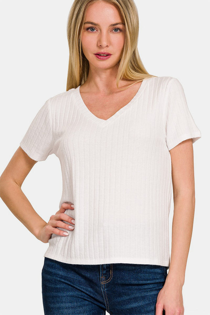 Zenana - Short Sleeve Ribbed Top - White - Inspired Eye Boutique