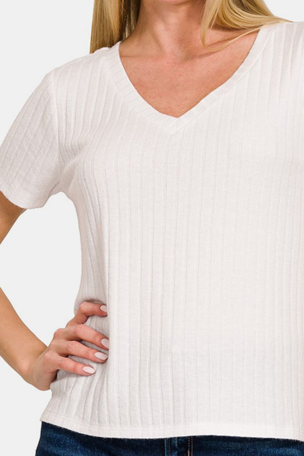 Zenana - Short Sleeve Ribbed Top - White - Inspired Eye Boutique