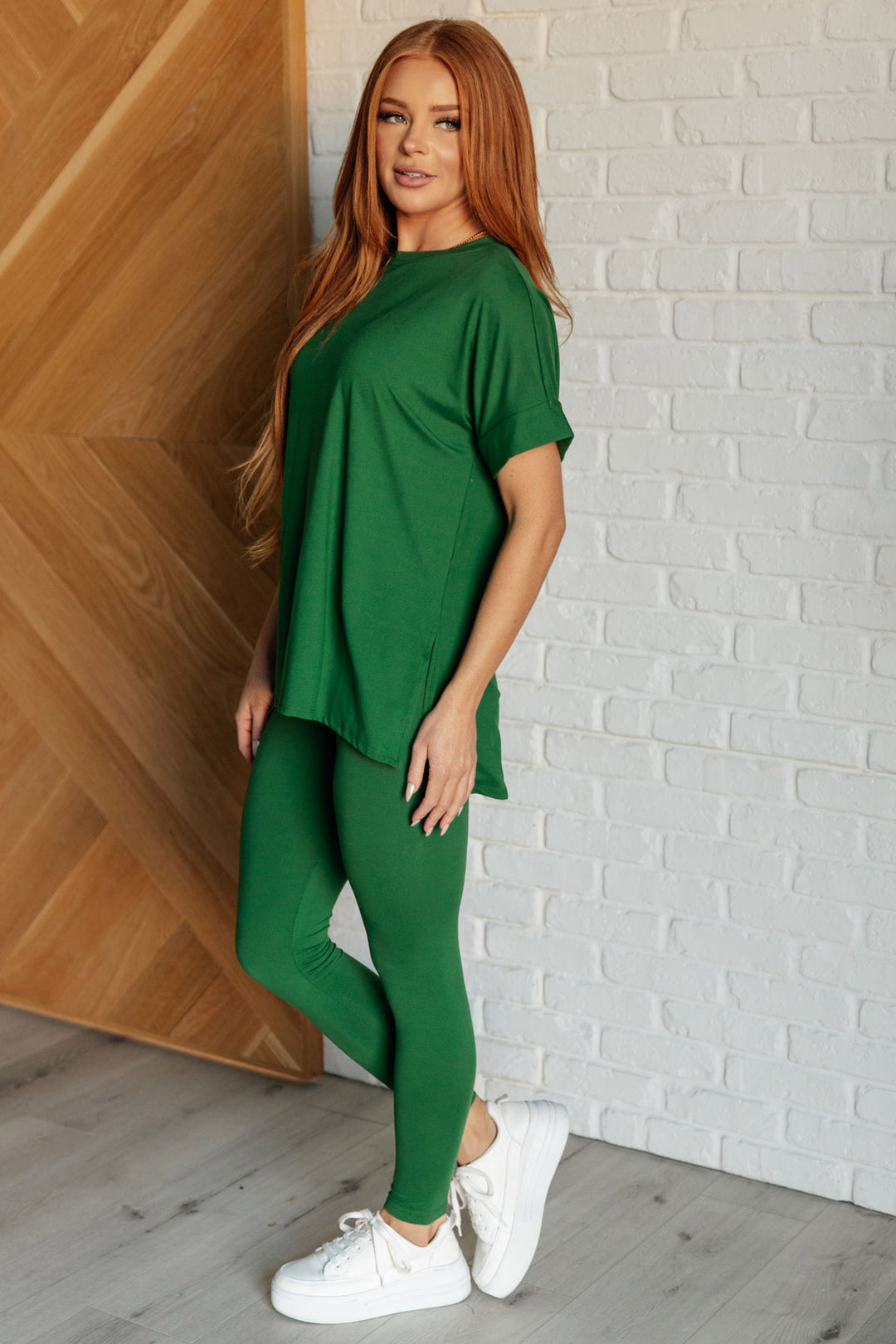 Zenana - Short Sleeve Round Neck Microfiber Legging Set - Dark Green - Inspired Eye Boutique