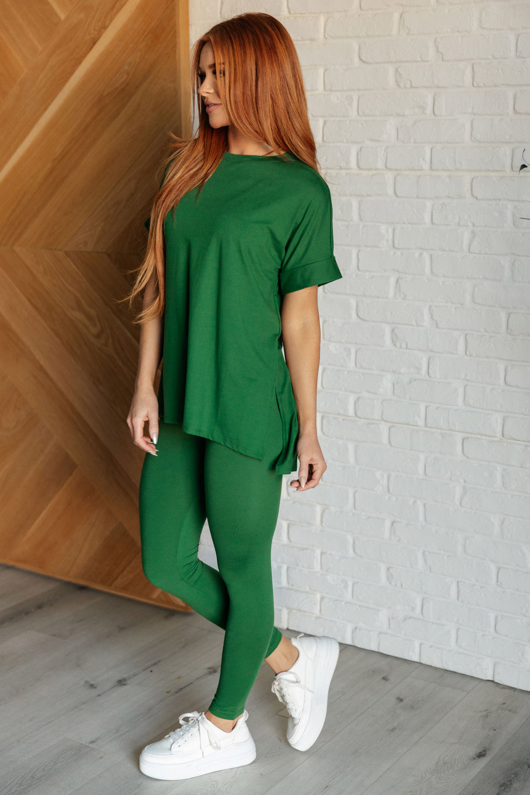 Zenana - Short Sleeve Round Neck Microfiber Legging Set - Dark Green - Inspired Eye Boutique