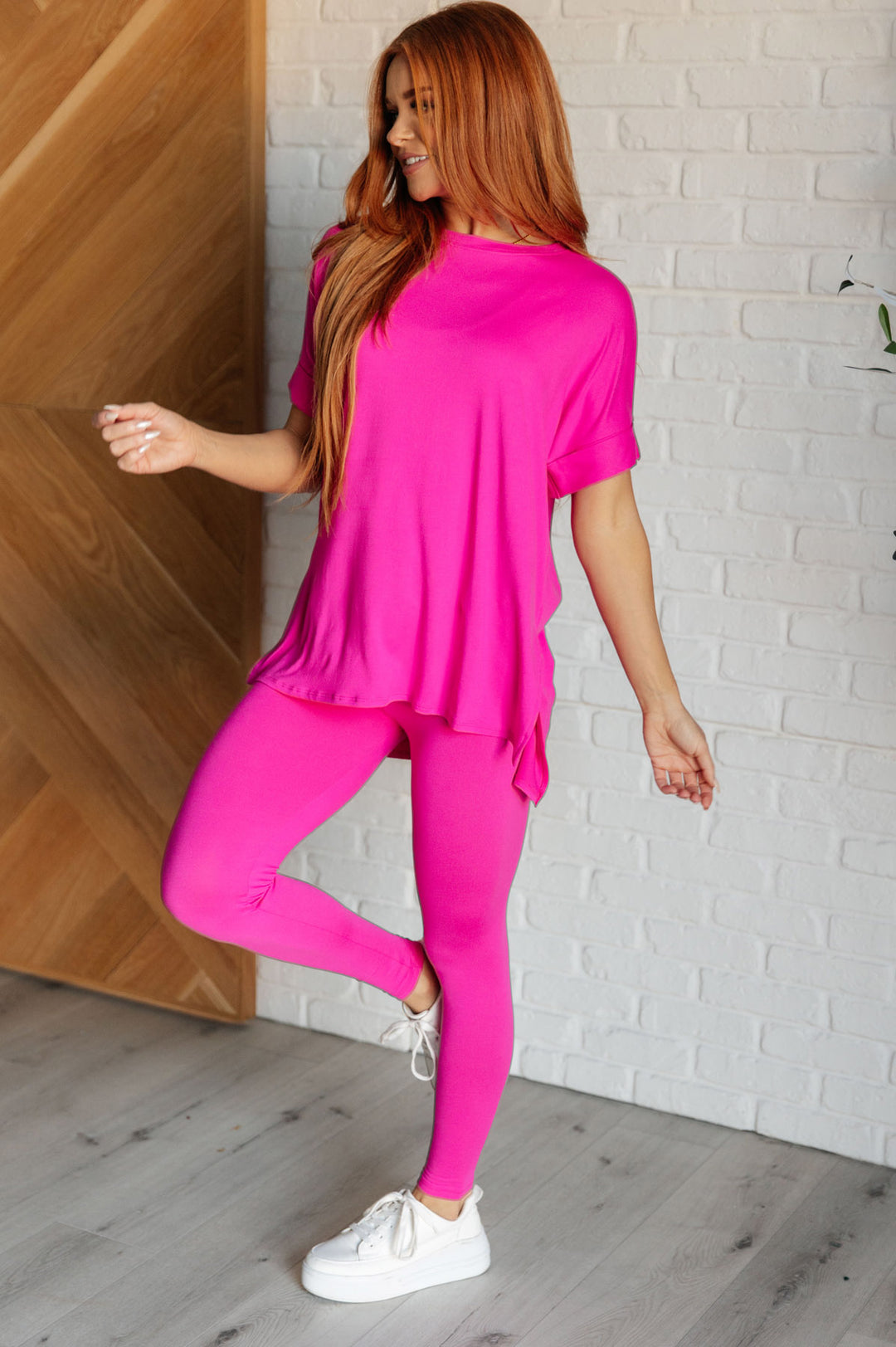 Zenana - Short Sleeve Round Neck Microfiber Legging Set - Hot Pink - Inspired Eye Boutique