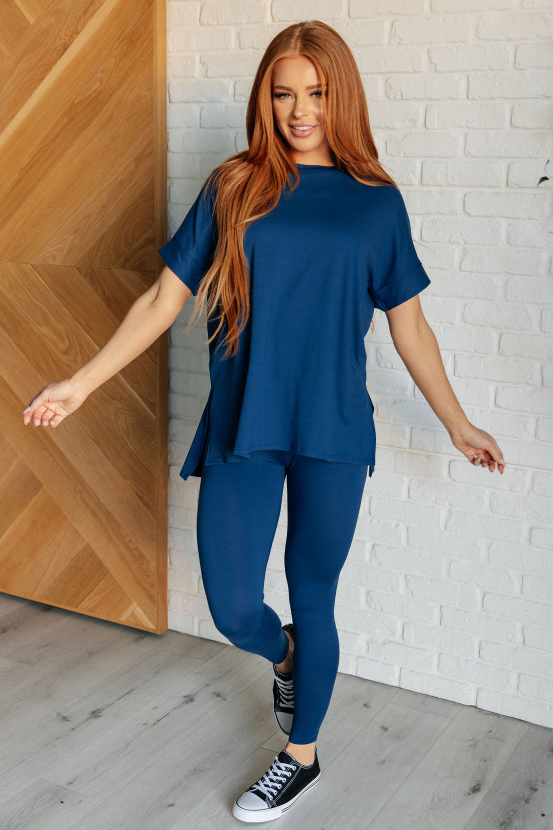 Zenana - Short Sleeve Round Neck Microfiber Legging Set - Navy - Inspired Eye Boutique