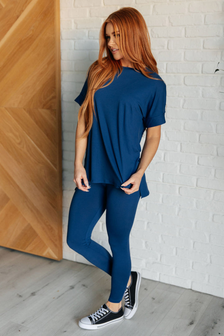 Zenana - Short Sleeve Round Neck Microfiber Legging Set - Navy - Inspired Eye Boutique