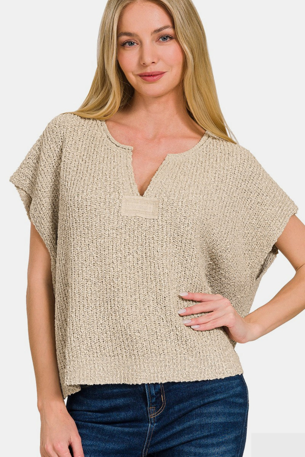 Zenana - Short Sleeve Side Slit Sweater - H Mocha - Inspired Eye Boutique