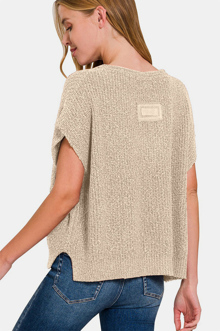 Zenana - Short Sleeve Side Slit Sweater - H Mocha - Inspired Eye Boutique