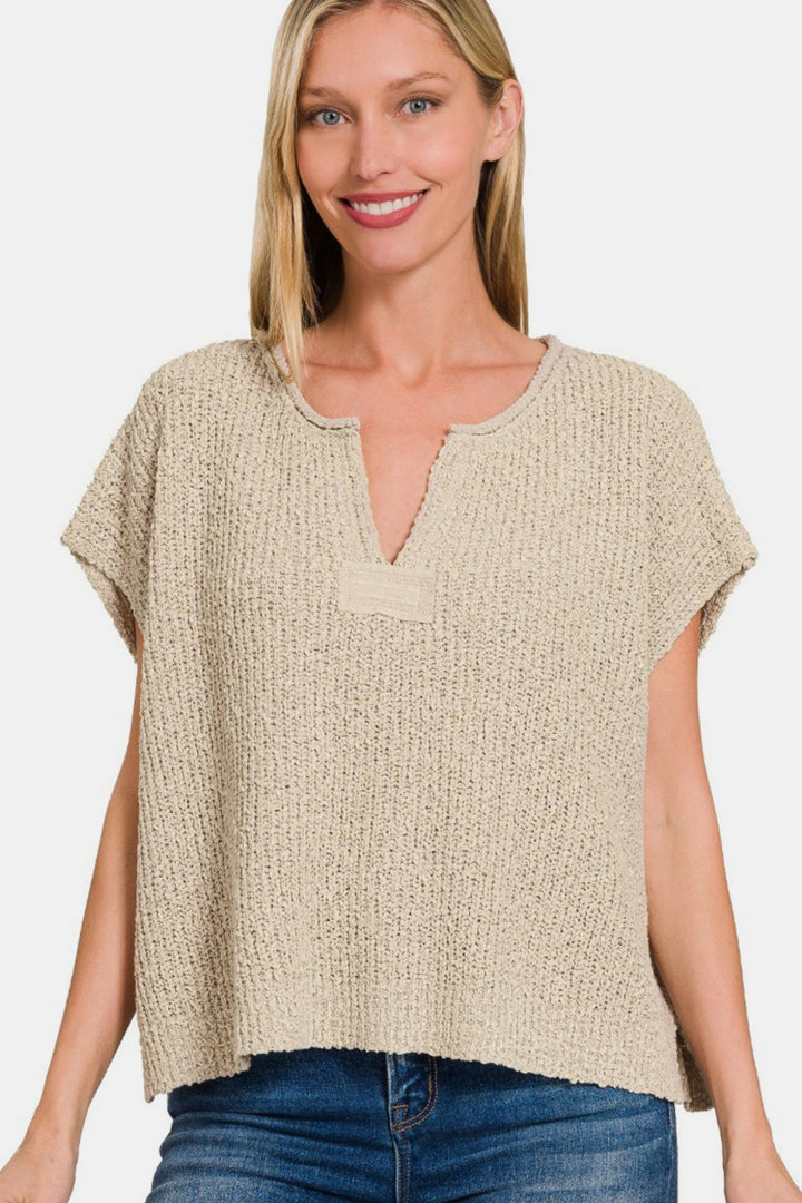 Zenana - Short Sleeve Side Slit Sweater - H Mocha - Inspired Eye Boutique