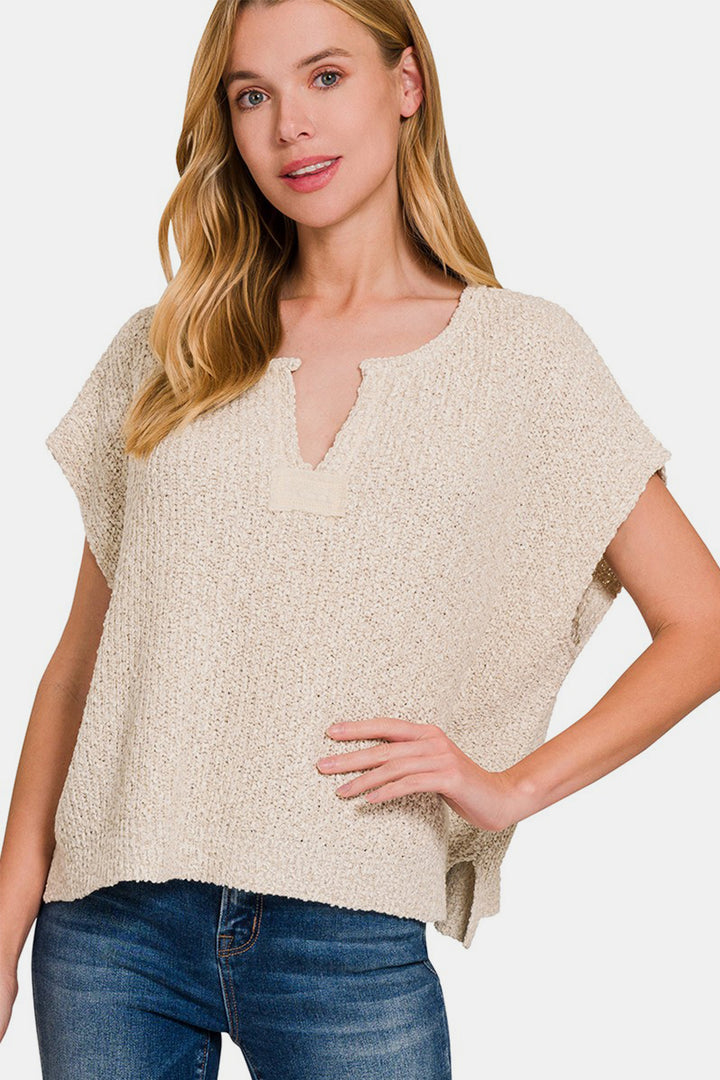 Zenana Short Sleeve Side Slit Sweater - Inspired Eye Boutique