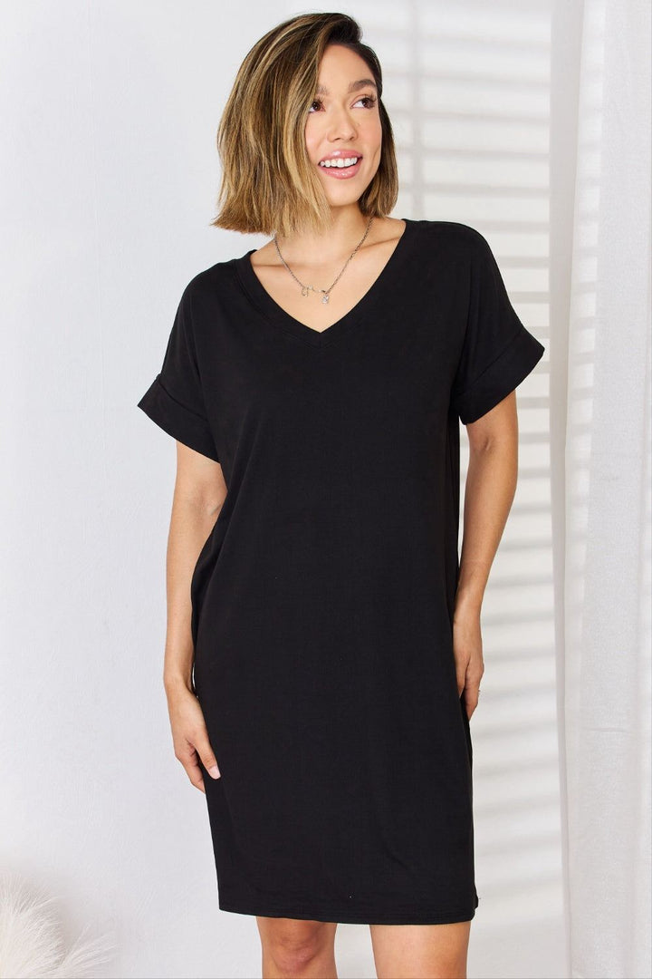 Zenana Short Sleeve V-Neck Dress - Inspired Eye Boutique