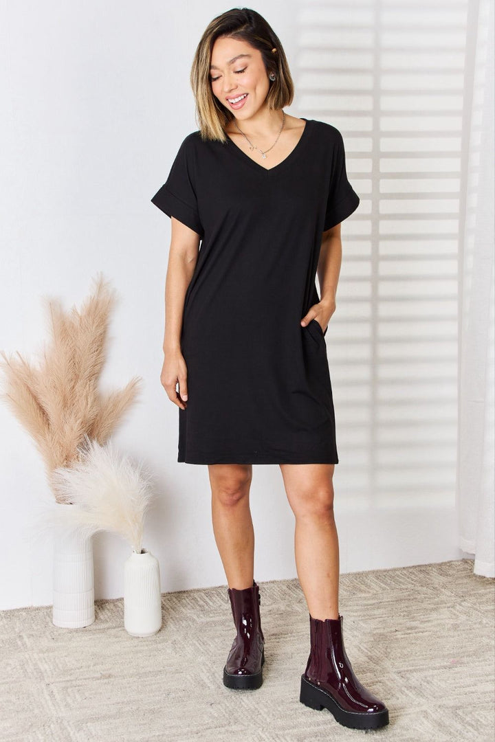 Zenana Short Sleeve V-Neck Dress - Inspired Eye Boutique