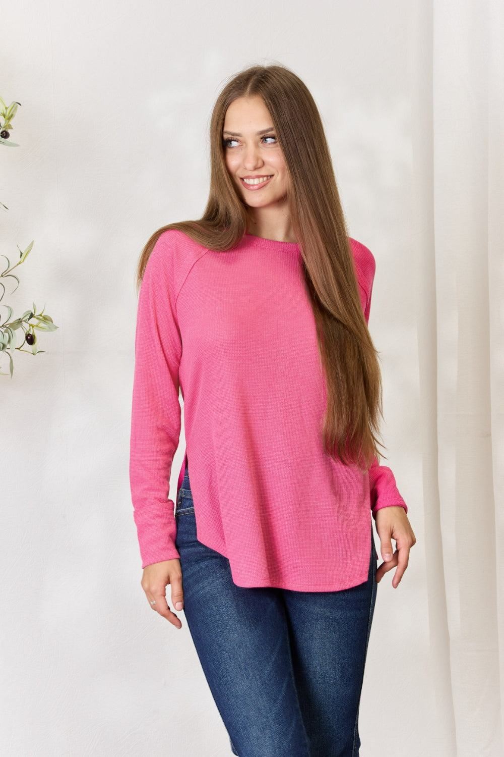 Zenana Long Sleeve Side Slit Shirt - Pink - Inspired Eye Boutique